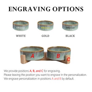 May include: The image displays three ceramic pet bowls in white, gold, and black, with the word "Oliever" on each. Below, a double bowl set is shown with engraving options A, B, and C. The text "ENGRAVING OPTIONS" is at the top.