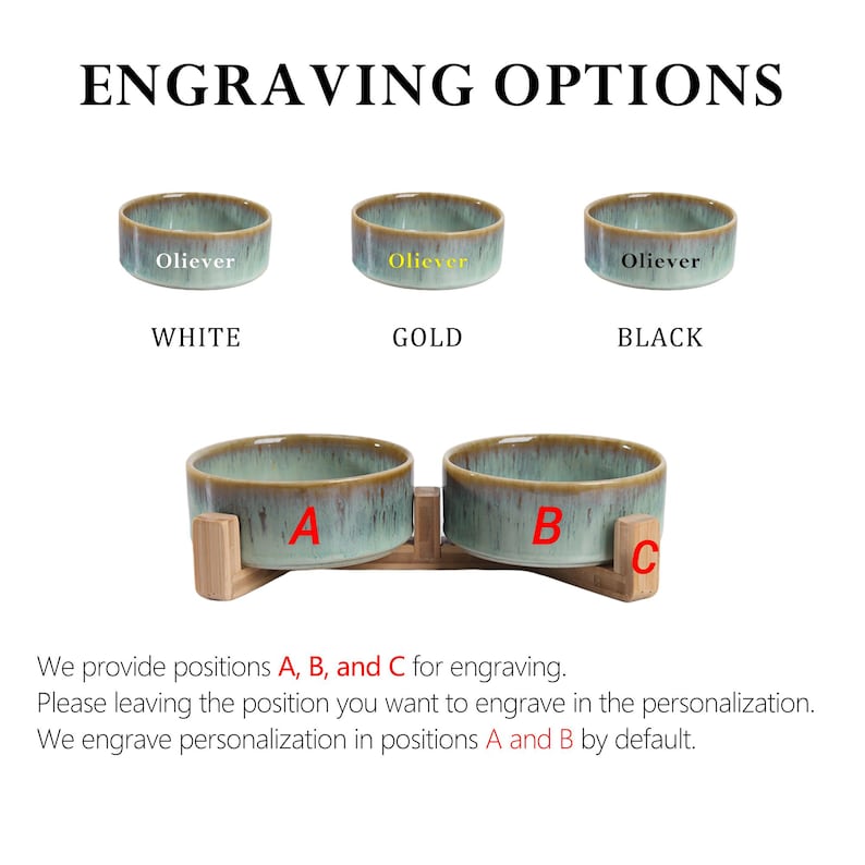 May include: The image displays three ceramic pet bowls in white, gold, and black, with the word "Oliever" on each. Below, a double bowl set is shown with engraving options A, B, and C. The text "ENGRAVING OPTIONS" is at the top.