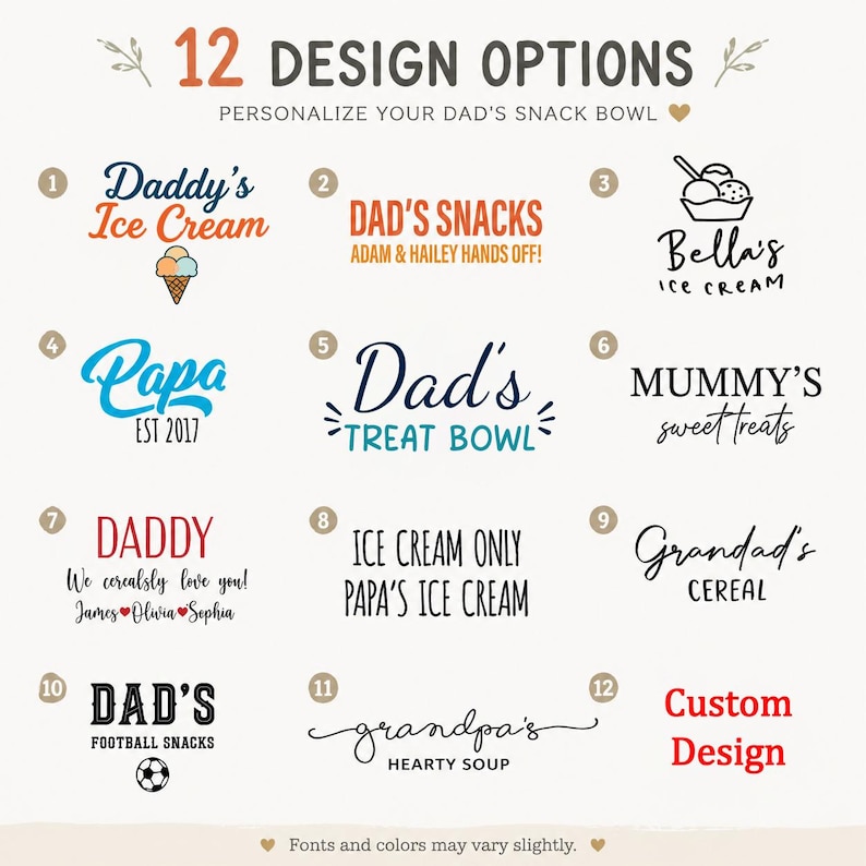 Pu&ograve; includere: Una visualizzazione grafica intitolata 12 DESIGN OPTIONS PERSONALIZE YOUR DAD'S SNACK BOWL che presenta dodici layout numerati di testo e icone per ciotole. I design includono frasi come Daddy's Ice Cream, Dad's Snacks, Papa EST 2017 e Custom Design.