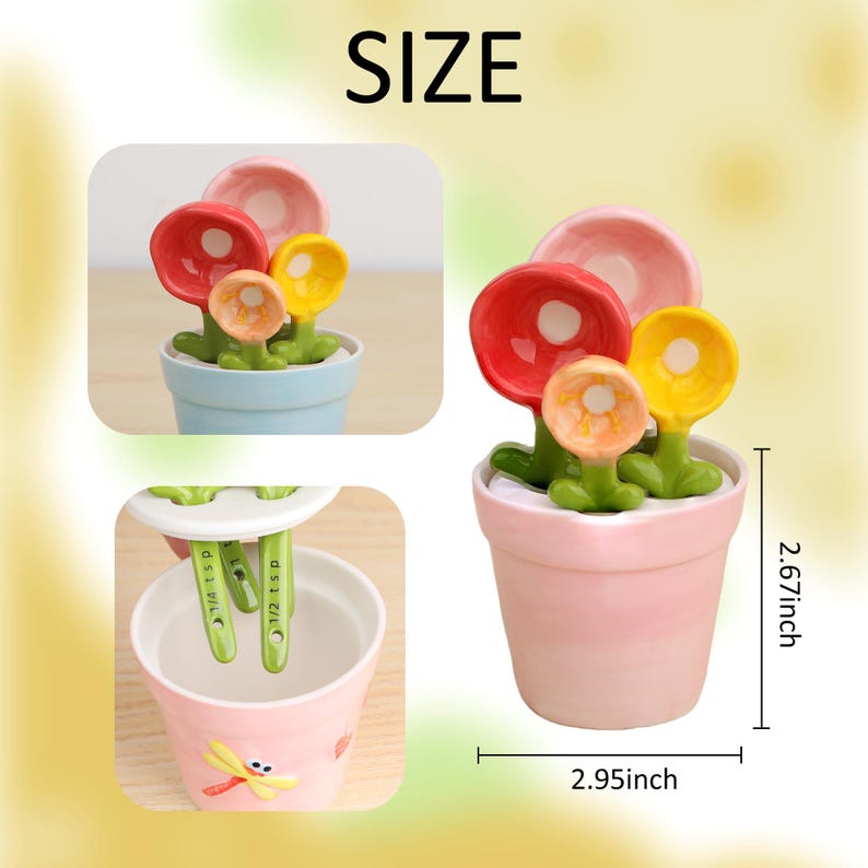 May include: A set of ceramic measuring spoons shaped like colorful flowers in a small pot. The pot is pink and measures 2.95 inches wide and 2.67 inches tall. The image also shows a blue pot with the same flower spoons and a pink pot with a dragonfly.