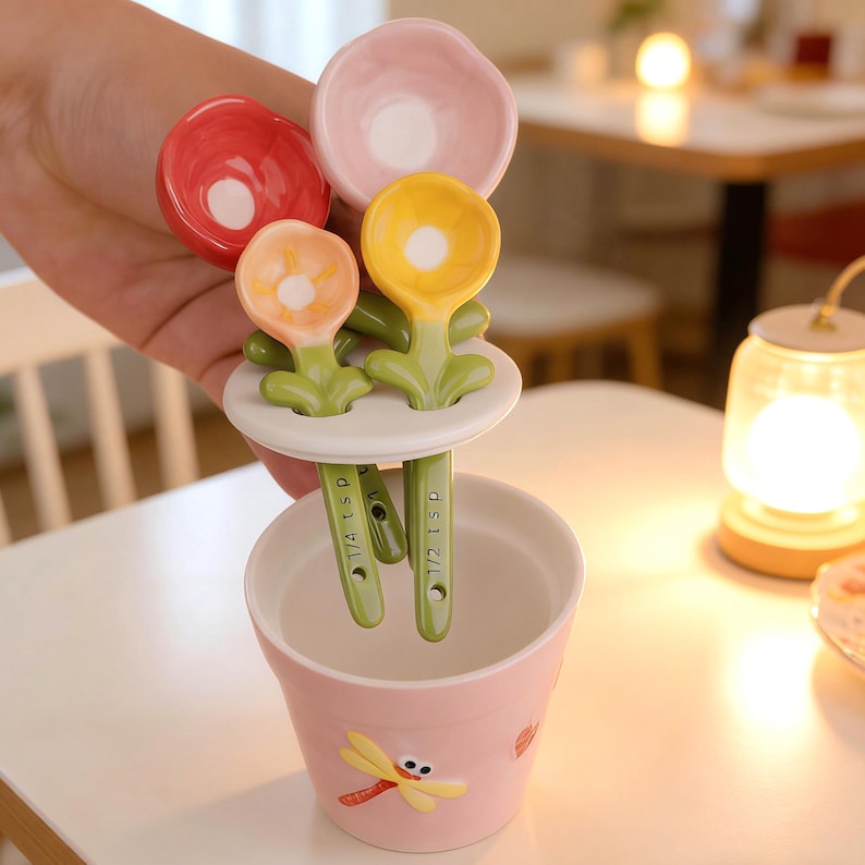 May include: A set of flower-shaped measuring spoons in red, pink, and yellow, with green stems, resting in a pink ceramic pot decorated with a dragonfly. The spoons are labeled with measurements, including 1/4 tsp and 1/2 tsp.