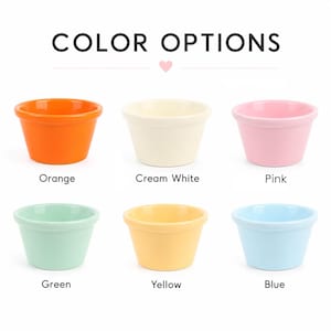 Pu&ograve; includere: Sei piccole ciotole in ceramica disposte su due file, con la scritta COLOR OPTIONS. Le ciotole sono arancione, bianco crema, rosa, verde chiaro, giallo e azzurro. Ogni ciotola ha un bordo arrotondato liscio e una base conica su sfondo neutro.