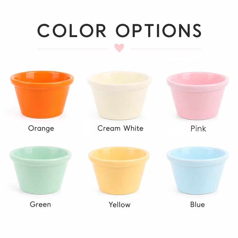 Pu&ograve; includere: Sei piccole ciotole in ceramica disposte su due file, con la scritta COLOR OPTIONS. Le ciotole sono arancione, bianco crema, rosa, verde chiaro, giallo e azzurro. Ogni ciotola ha un bordo arrotondato liscio e una base conica su sfondo neutro.