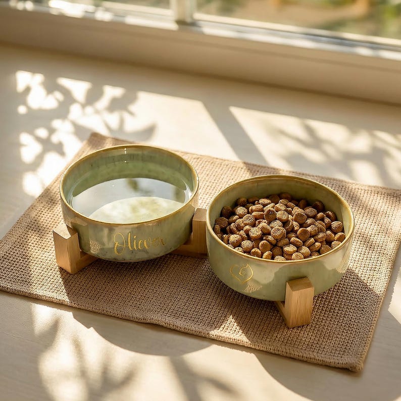 May include: A set of two ceramic pet bowls in a soft green glaze, each resting on a wooden stand. One bowl is filled with water, the other with dry pet food. The word "Alicia" is written in gold script on one bowl.