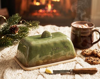Moederdagcadeau, handgemaakte botervloot bedekt met aardewerk, rustiek keukenservies, keramische boterkist, vintage boteropslag