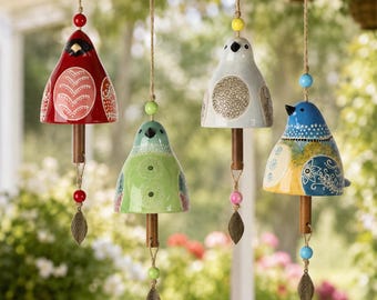 Unique Bird Lover Gift, Custom Name Bird Chime, Garden Porch Wind Ornament,Personalized Ceramic Bird Hanging Decor, Memorial Keepsake