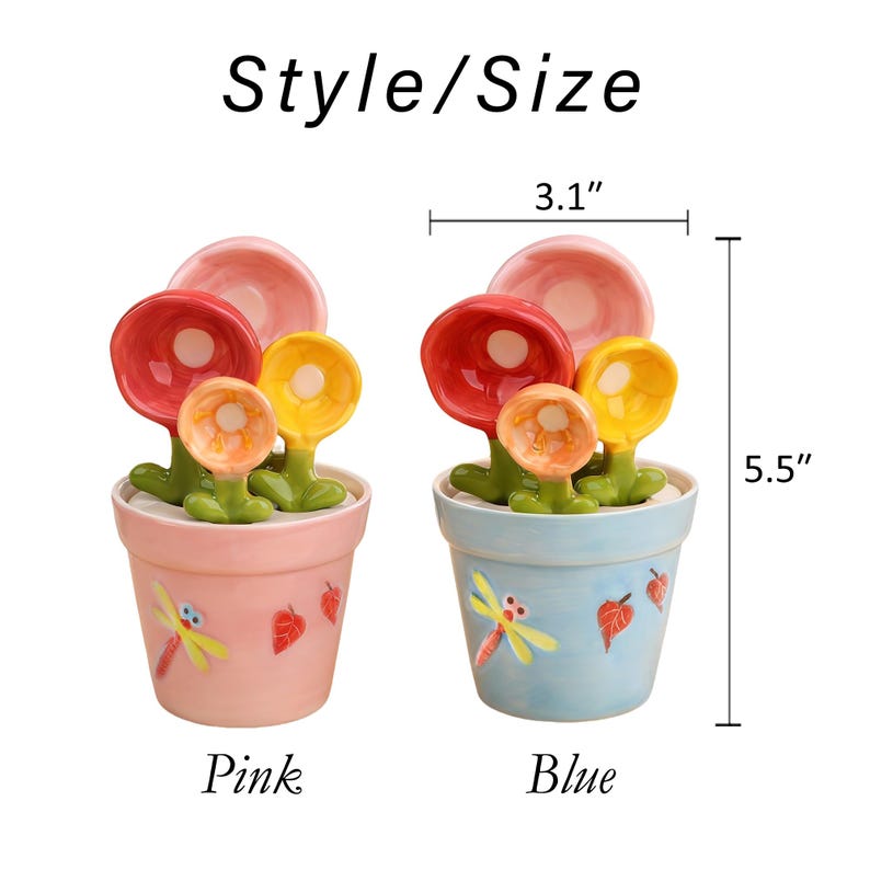May include: Two ceramic flower pot decorations, one pink and one blue, each with three colorful flower-shaped elements. The pink pot has a dragonfly and strawberry design, and the blue pot has a dragonfly and strawberry design. The pots are 5.5 inches tall and 3.1 inches wide.