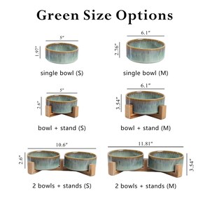 May include: Ceramic bowls in various sizes and configurations, with and without wooden stands. The bowls are a muted green color. The image includes text that reads "Green Size Options". Measurements are provided in inches.