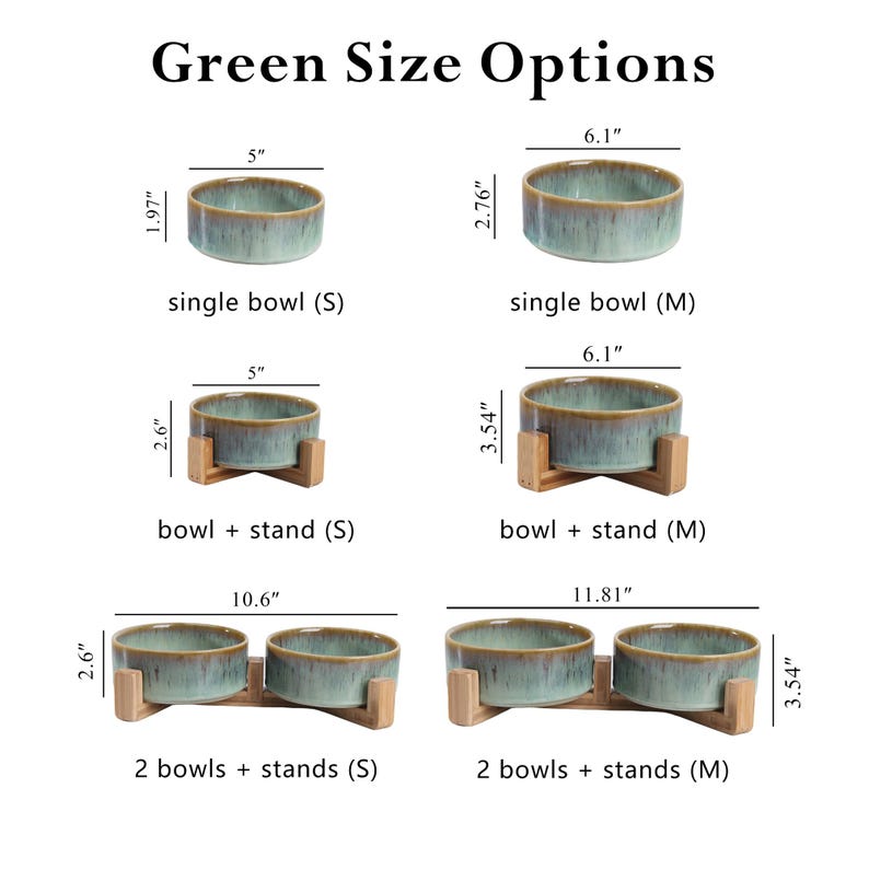 May include: Ceramic bowls in various sizes and configurations, with and without wooden stands. The bowls are a muted green color. The image includes text that reads "Green Size Options". Measurements are provided in inches.