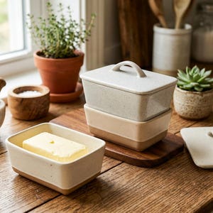 May include: A stack of two rectangular ceramic butter dishes with lids, one with a handle. The bottom dish is filled with a block of butter. The dishes are speckled beige and gray, sitting on a wooden surface.