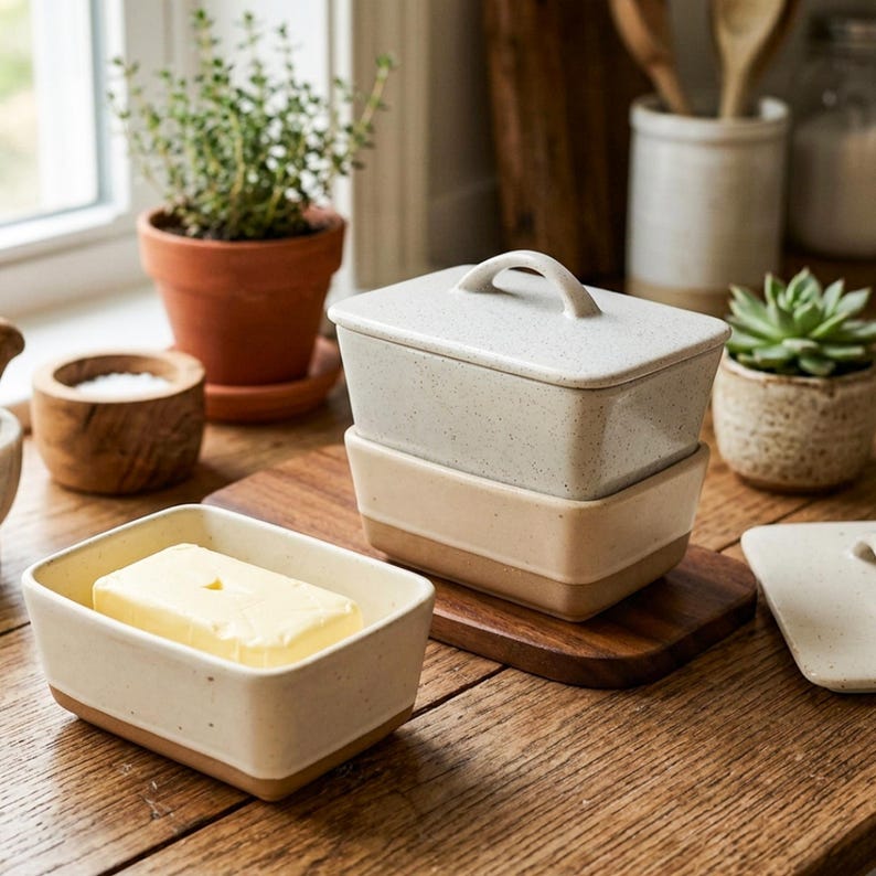 May include: A stack of two rectangular ceramic butter dishes with lids, one with a handle. The bottom dish is filled with a block of butter. The dishes are speckled beige and gray, sitting on a wooden surface.
