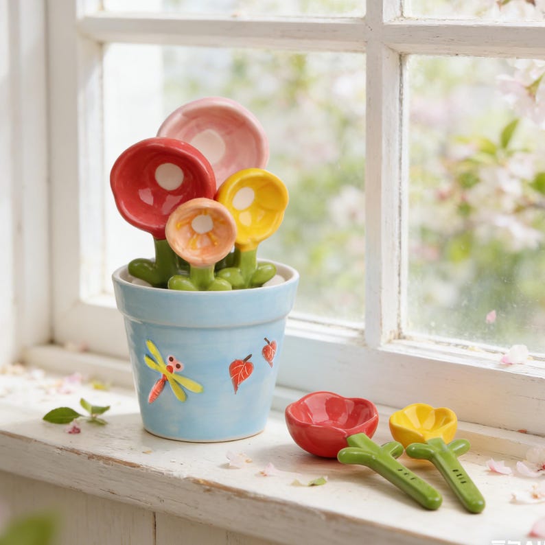 May include: A light blue ceramic flower pot with a dragonfly and leaf design, holding a set of colorful flower-shaped measuring spoons. Additional red and yellow measuring spoons are next to the pot. The spoons are in shades of red, pink, yellow, and orange.