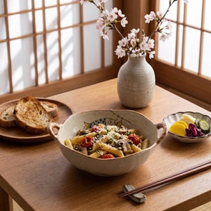 Peut inclure: Un bol rustique de p&acirc;tes aux tomates et champignons, garni de fromage, sur une table en bois. Des tranches de pain grill&eacute; et une petite assiette de cornichons sont &agrave; proximit&eacute;. Un vase de fleurs et des baguettes compl&egrave;tent la sc&egrave;ne.