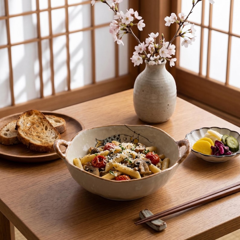Peut inclure: Un bol rustique de p&acirc;tes aux tomates et champignons, garni de fromage, sur une table en bois. Des tranches de pain grill&eacute; et une petite assiette de cornichons sont &agrave; proximit&eacute;. Un vase de fleurs et des baguettes compl&egrave;tent la sc&egrave;ne.