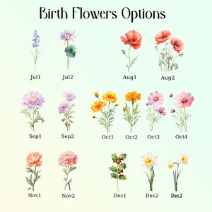 May include: A collection of watercolor illustrations of birth flowers, each labeled with a month and number. The flowers include lavender, lotus, poppies, chrysanthemums, marigolds, cosmos, holly, and daffodils. The text "Birth Flowers Options" is at the top.