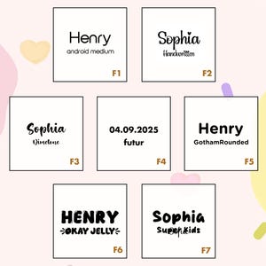 Peut inclure: Sept cartes carr&eacute;es pr&eacute;sentant du texte dans diff&eacute;rentes polices. Les cartes affichent des noms tels que "Henry" et "Sophia", avec des styles de police comme "android medium" et "Handwritten". La date "04.09.2025" est &eacute;galement pr&eacute;sente.