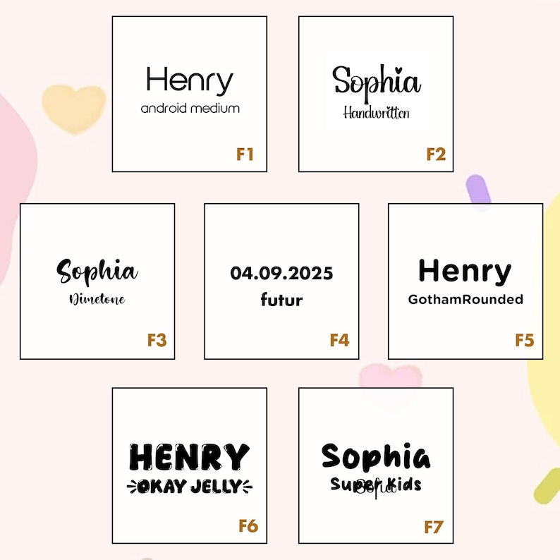 Peut inclure: Sept cartes carr&eacute;es pr&eacute;sentant du texte dans diff&eacute;rentes polices. Les cartes affichent des noms tels que "Henry" et "Sophia", avec des styles de police comme "android medium" et "Handwritten". La date "04.09.2025" est &eacute;galement pr&eacute;sente.