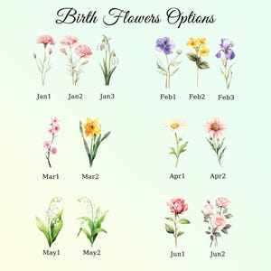 May include: Watercolor illustrations of birth flowers, each labeled with a month and number. Includes carnations, snowdrops, violets, daffodils, daisies, roses, and more. Text at the top reads "Birth Flowers Options."