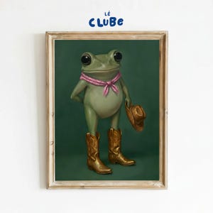 Cowboy Frog Art Decor – Gold Cowgirl Boots Poster, Whimsical Western Art, Moody Green Wall Art