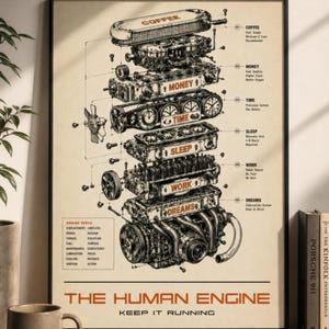 Könnte beinhalten: Ein Poster mit dem Titel THE HUMAN ENGINE KEEP IT RUNNING zeigt eine Explosionszeichnung eines mechanischen Motors, dessen Komponenten als COFFEE, MONEY, TIME, SLEEP, WORK und DREAMS beschriftet sind. Der beigefarbene Druck enthält technische Daten.