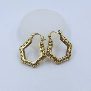 Gold Plated Scroll Hoop Earrings, Solid 925 Sterling Silver, Boho Cutout Pattern Dangle