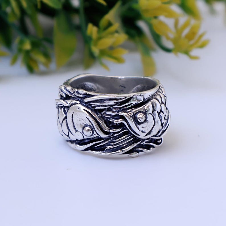 Sterling Silver Japanese Carps Ring, Ocean Wave Chunky Band, Boho Lucky ...