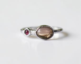 Smoky Quartz Garnet Sterling Silver Two Stone Ring, Vintage Boho Jewelry