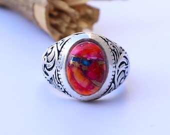 Turquoise ring roze dahlia, edelsteenring, sterlingzilveren ring, handgemaakte sieraden, zegelring heren, gegraveerde bandring, Vaderdagcadeau*