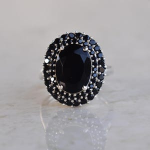 Svart Onyx Dubbel Halo Ring, 925 Sterling Silver, Vintage Art Deco Statement Ring