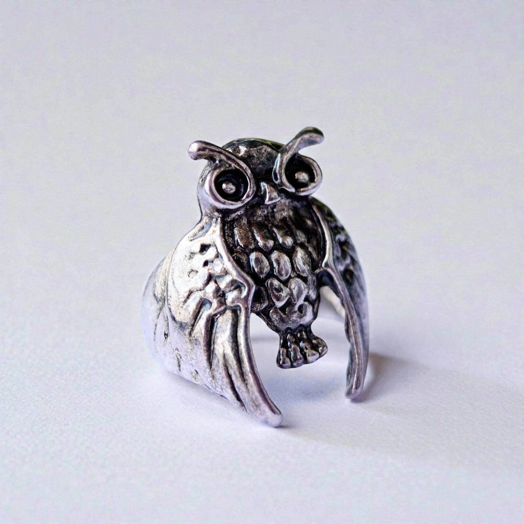 Sterling Silver Owl Ring, Gothic Boho Statement Wrap Band