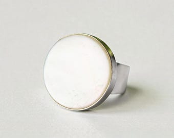 Sterling Silver Mother of Pearl Statement Ring, Wide Boho Cabochon