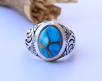 925 Sterling Silber Ring, Ice Dahlia Türkis Ring, Designer Ring, Oval Cabochon Ring, Herren Siegelring, Dezember Geburtsstein, Edelstein Ring