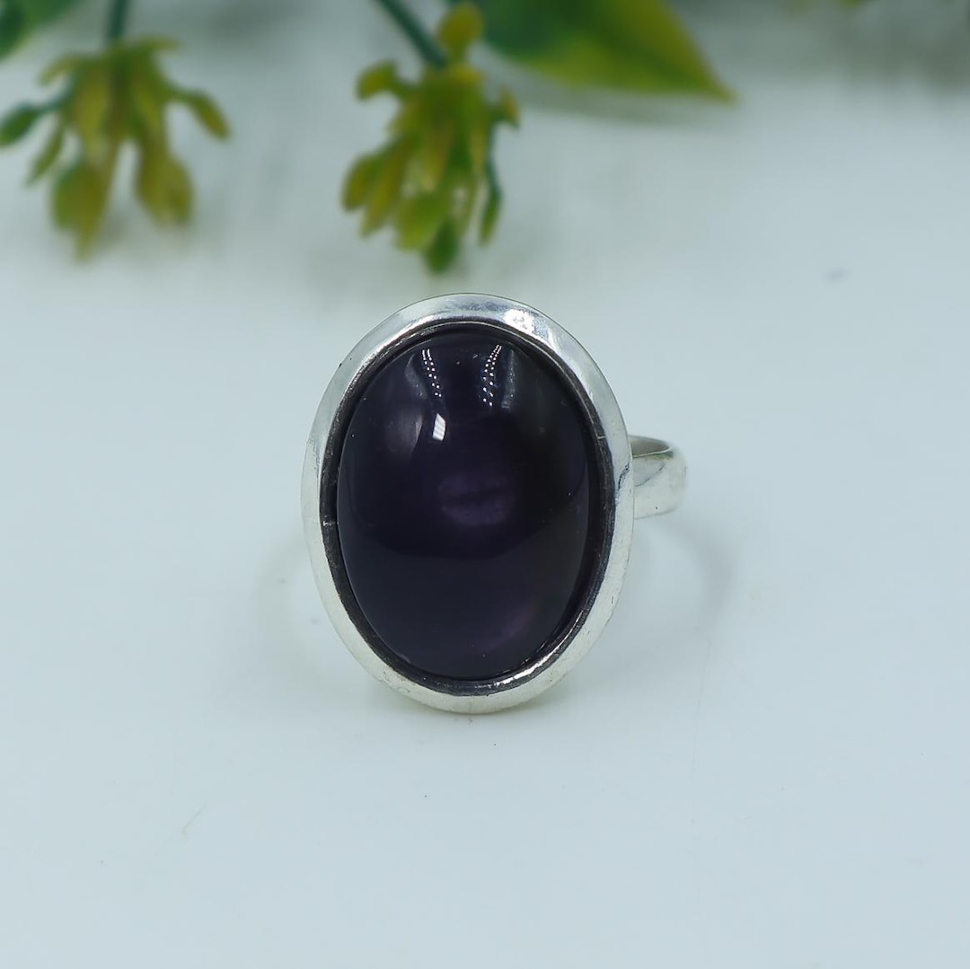 Oval Amethyst Statement Ring, Sterling Silver, Boho Beaded Handmade ...