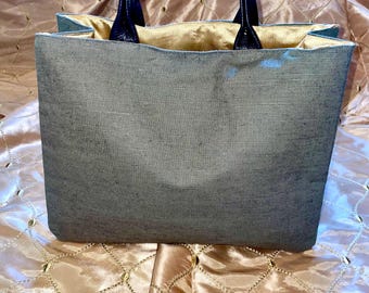 Green Canvas Like Purse with Gold Satin lining and Black Leather Handles