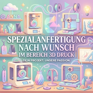 Könnte beinhalten: Eine digitale Illustration mit vier 3D-Druckern, die verschiedene Objekte wie Zahnräder und Figuren herstellen. Der Text lautet SPEZIALANFERTIGUNG NACH WUNSCH IM BEREICH 3D DRUCK und DEIN PROJEKT. UNSERE PASSION. Regale zeigen Gegenstände wie Namensschilder und Vasen.