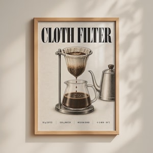 May include: A framed wall art print titled CLOTH FILTER featuring a detailed illustration of a coffee brewing setup with a cloth filter, a glass carafe, and a metal kettle. Text at the bottom reads 30 g COFFEE | 500 g WATER | MEDIUM GRIND | 4-5 MIN - 94°C.