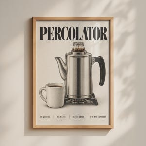 Pode incluir: Uma impressão artística emoldurada com uma ilustração a preto e branco de uma cafeteira percoladora num fogão ao lado de uma caneca. O texto PERCOLATOR está no topo, com 60 g COFFEE, 1 L WATER, COARSE GRIND e 7-10 MIN LOW HEAT na base.