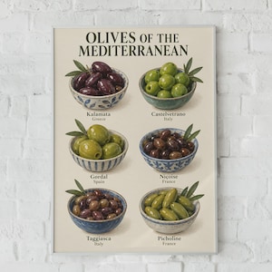 May include: A poster titled OLIVES OF THE MEDITERRANEAN featuring six bowls of olives. The bowls contain Kalamata, Castelvetrano, Gordal, Niçoise, Taggiasca, and Picholine olives, each labelled with their variety and country of origin in black text.