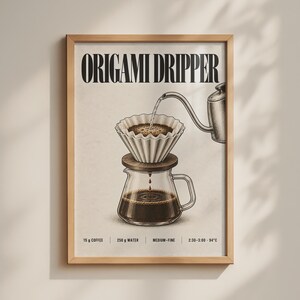 May include: A framed wall art print titled ORIGAMI DRIPPER featuring a black and white illustration of a coffee dripper, a glass carafe, and a pouring kettle. Text includes 15 g COFFEE, 250 g WATER, MEDIUM-FINE, and 2:30-3:00 94°C.