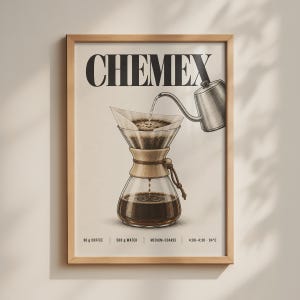 May include: A framed wall art print featuring a Chemex coffee maker illustration. The graphic shows a silver gooseneck kettle pouring water into a glass brewer with a wooden collar. Text includes 30 g COFFEE, 500 g WATER, MEDIUM-COARSE, 4:00-4:30, 94°C.