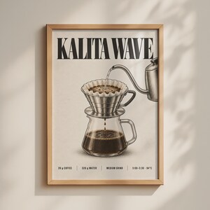 Puede incluir: Una lámina enmarcada titulada KALITA WAVE con una ilustración detallada de un gotero de café y una jarra de cristal. El texto incluye instrucciones de preparación: 20 g COFFEE, 320 g WATER, MEDIUM GRIND y 3:00-3:30 - 94°C.
