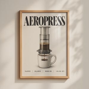 May include: A framed wall art print featuring a detailed illustration of an AeroPress coffee maker brewing into a white ceramic mug. The text AEROPRESS is at the top, with brewing instructions 15 g coffee, 250 g water, medium-fine, 1:30-2:00 85°C below.
