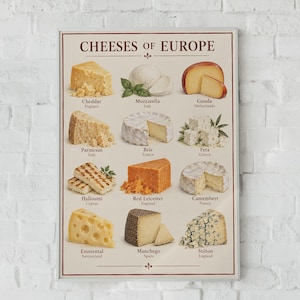 Può includere: Un poster da parete rettangolare intitolato CHEESES OF EUROPE che presenta dodici illustrazioni di vari formaggi, tra cui Cheddar, Mozzarella, Gouda, Parmesan, Brie, Feta, Halloumi, Red Leicester, Camembert, Emmental, Manchego e Stilton con etichette.