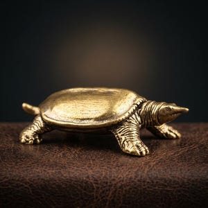 May include: A small, detailed brass turtle figurine. The turtle has a textured shell, detailed legs, and a pointed snout. The figurine is displayed on a brown leather surface against a dark background.