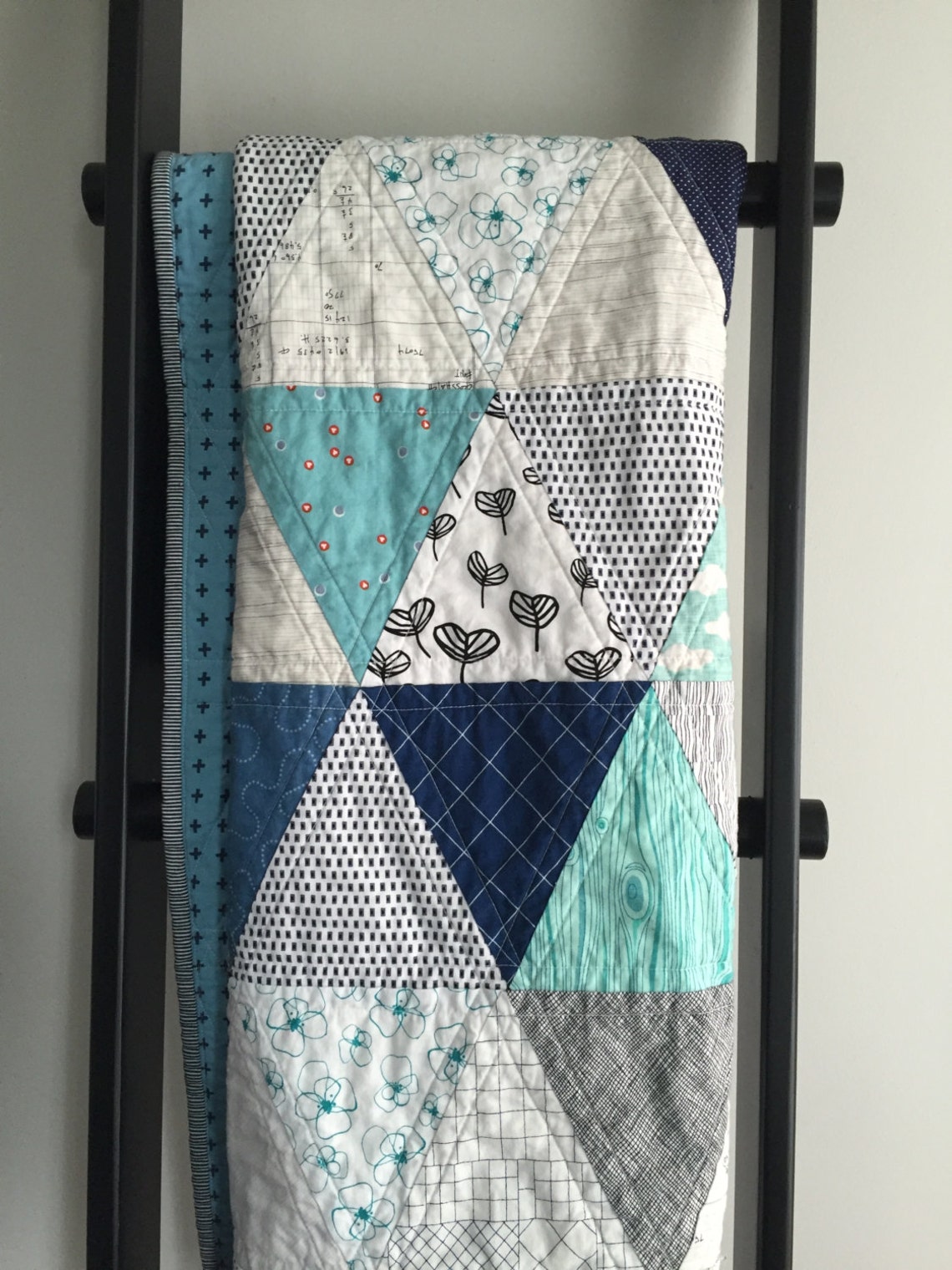 Modern Baby Quilt grey aqua white and navy triangles Etsy