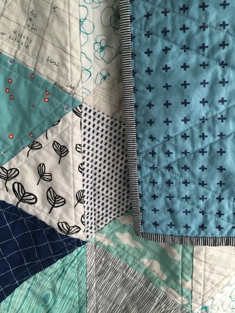 Modern Baby Quilt grey aqua white and navy triangles Etsy