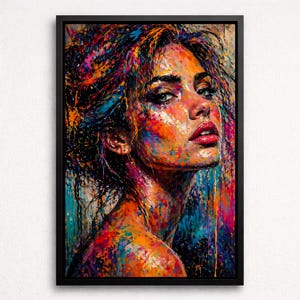 Pode incluir: Uma impressão de arte emoldurada de um retrato de mulher. A obra de arte apresenta uma paleta vibrante e colorida com pinceladas ousadas. O rosto da mulher é o ponto focal, com lábios vermelhos marcantes e olhos verdes. O fundo é uma mistura de azuis, laranjas e amarelos.