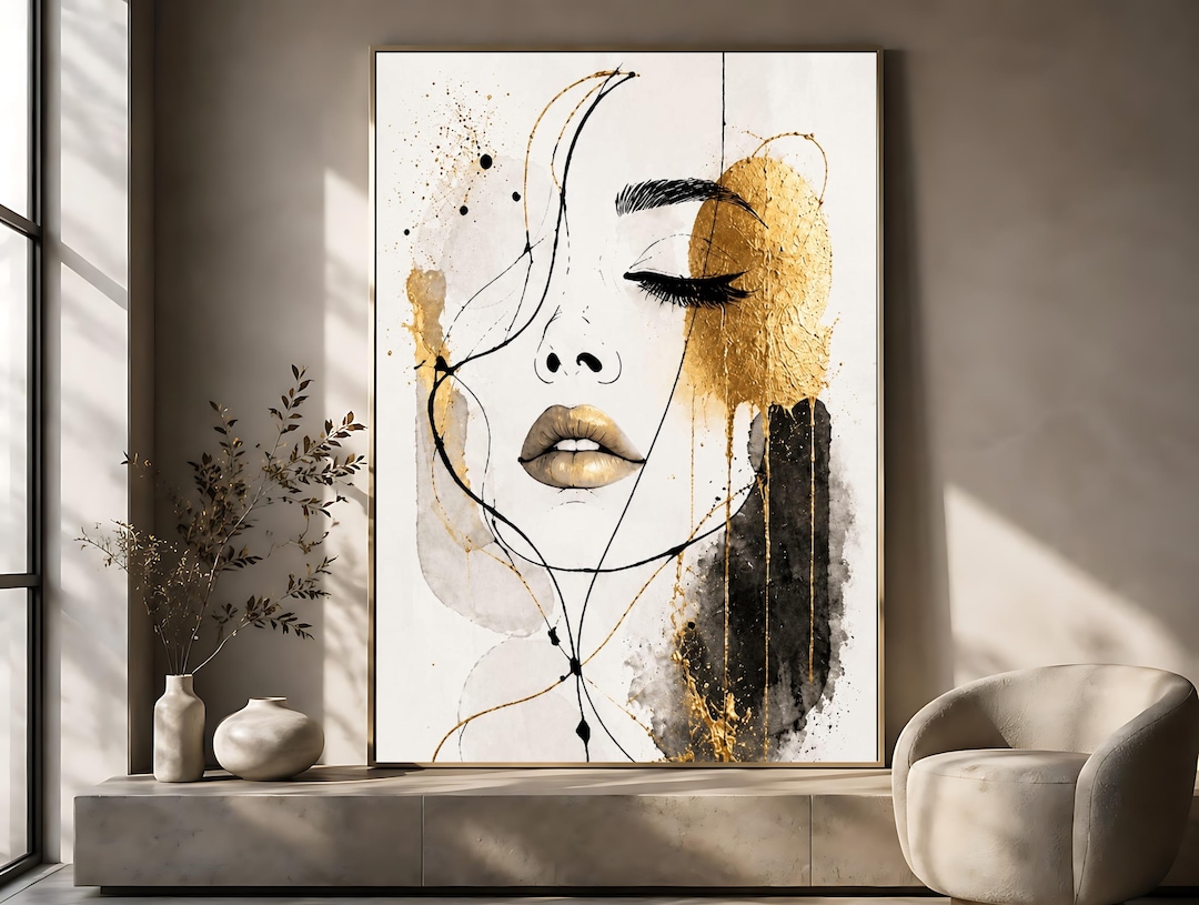 Gold Elegant Woman Portrait Print | Minimalist Line Art Female Poster ...