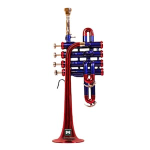May include: A red, blue, and gold trumpet with a polished finish. The trumpet has a red bell and tubing, blue valves and slides, and gold accents. The instrument is set against a white background.