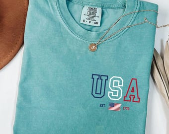 Comfort Colors® USA Est 1776 Shirt, America 4th of July T-Shirt, USA Flag Shirt, American Women Shirt, Red White Blue Shirt, 4th of July Tee